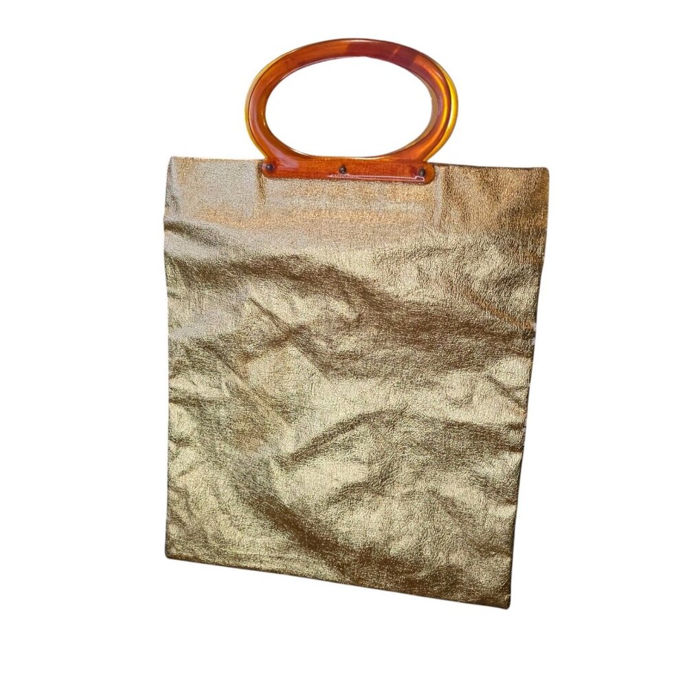 Vtg Top Handle Purse Hand Bag Metallic Gold Purse Convertible Amber Lucite
